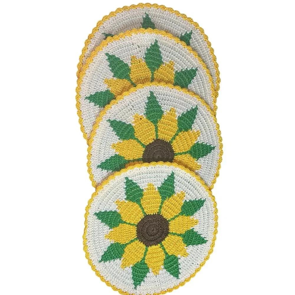Set of 4 Handmade Crochet Floral Placemats Round Yellow Cream Green 13